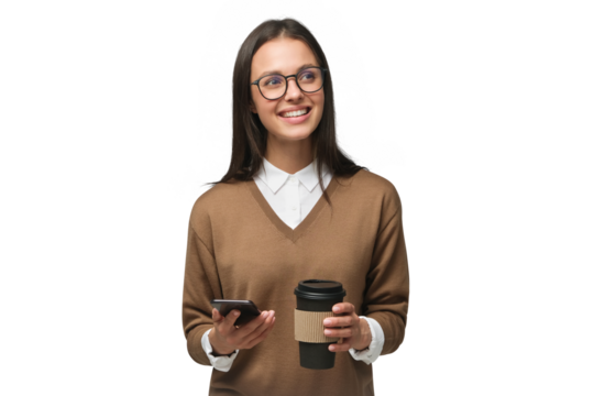 Portrait of beautiful young woman in holding smartphone and takeaway coffee