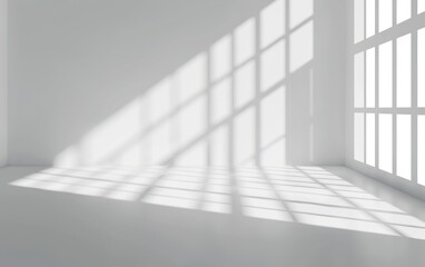 A minimalist white room with grid-patterned shadows cast by large windows, creating a serene and peaceful atmosphere.