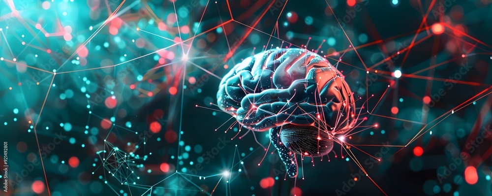 Poster a 3d render of a human brain connected to a network of glowing lines