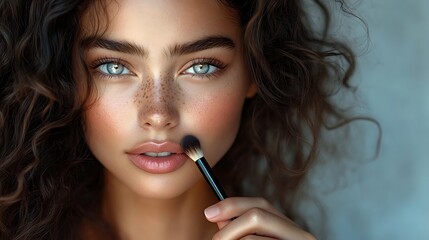 Obraz premium Close-up of a woman with freckles applying makeup to her lips with a brush.