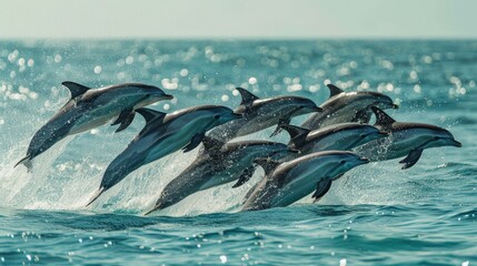 Obraz premium Color photo of a school of dolphins leaping out of the ocean, synchronized motion with clear blue water, bright sunlight
