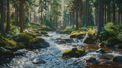 Obraz premium Color photo of a river flowing through a forest, clean water with rocks and moss, dense trees on both sides, soft natural light