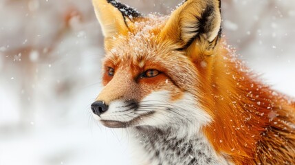 Obraz premium Color photo of a red fox in the snow, vibrant orange fur with a watchful expression, snow-covered ground, soft winter light