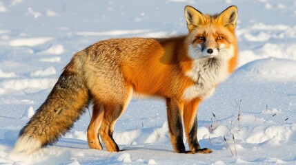 Naklejka premium Color photo of a red fox in the snow, vibrant orange fur with a watchful expression, snow-covered ground, soft winter light