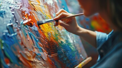 Color photo of a person painting on a canvas, vibrant colors with focused expression, art studio setting, soft natural light