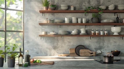 Color photo of a modern kitchen, open shelving with stylish dishes, concrete countertops, bright natural light