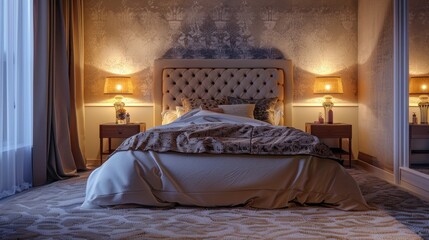 Color photo of a luxurious master suite, upholstered bed with silk bedding, plush carpet, soft ambient light from bedside lamps
