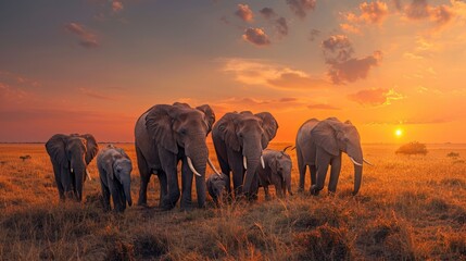 Fototapeta premium Color photo of a herd of elephants walking across the plains, strong maternal bond with calves, African landscape, golden hour