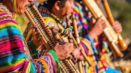 Color photo of a group of musicians playing traditional Andean music, pan flutes and charangos, outdoor festival, bright sunny day