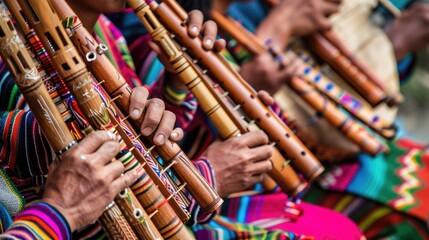 Color photo of a group of musicians playing traditional Andean music, pan flutes and charangos, outdoor festival, bright sunny day