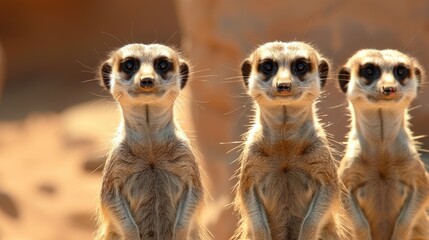 Color photo of a group of meerkats standing on alert, curious expressions with upright postures, desert surroundings, bright daylight