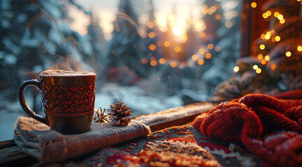 Cozy Winter Windowsill with Steaming Mug, Pine Cone and Red Knitted Blanket - Photograph