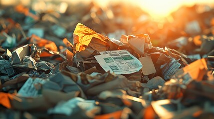 A close-up shot of a landfill full of paper packages, focusing on the chaotic arrangement of crumpled boxes and paper wrappers. 