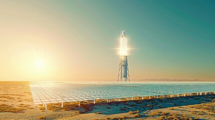 Fototapeta premium Color photo of a concentrated solar power plant, mirrors focusing sunlight onto a central tower, desert landscape, bright clear sky