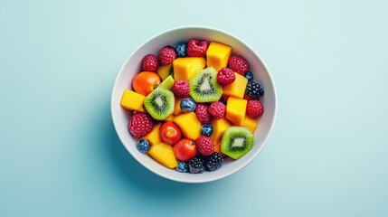 Color photo of a colorful fruit salad, vibrant mix of berries, kiwi, and mango, served in a white bowl, bright daylight