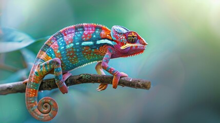 Color photo of a colorful chameleon on a branch, vibrant colors with a curled tail, tropical jungle, bright natural light