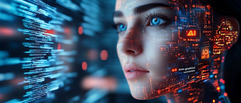 Close-up of a woman's face with a digital overlay of code and circuits, highlighting the concept of artificial intelligence.