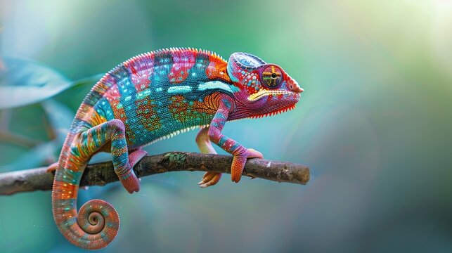 Color photo of a colorful chameleon on a branch, vibrant colors with a curled tail, tropical jungle, bright natural light