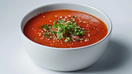 Color photo of a bowl of gazpacho, vibrant red soup with a garnish of herbs, served in a white bowl, bright summer light