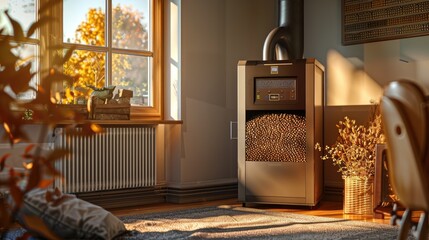 Color photo of a biomass boiler in a rural home, clean energy from wood pellets, cozy indoor setting with warm light