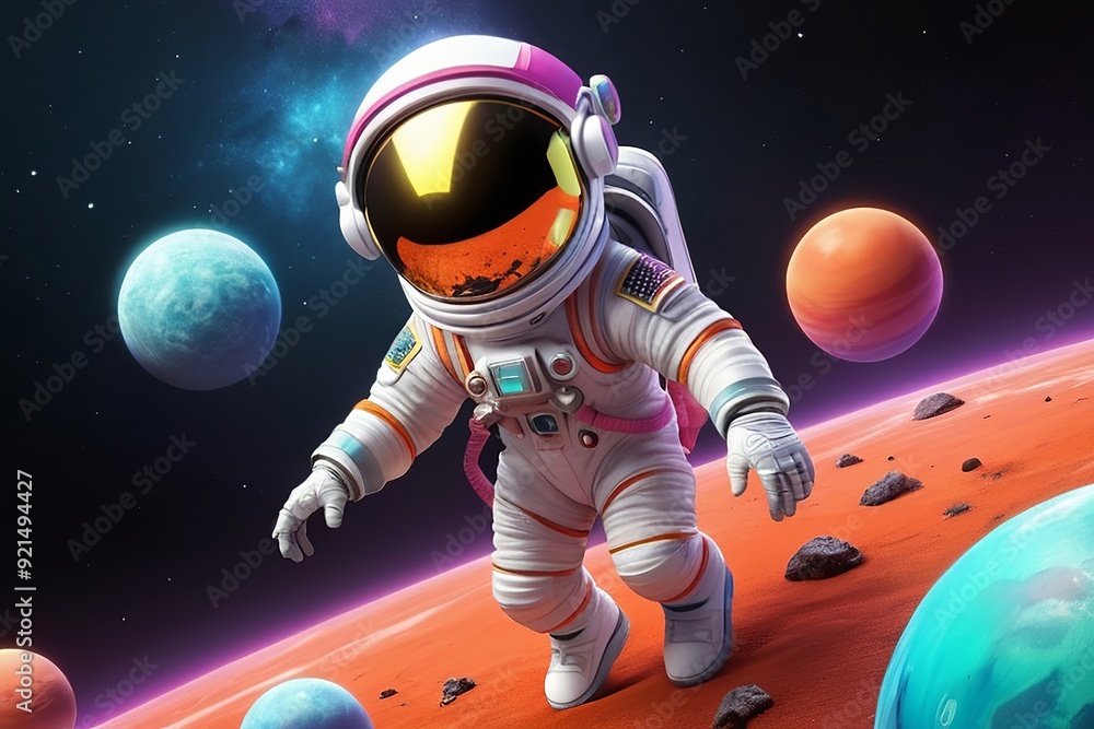 Wall mural playful astronaut with a colorful space suit and a floating helmet, exploring an alien planet in 3d 