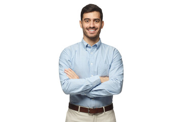 Modern businessman in casual blue shirt standing with crossed arms
