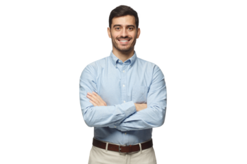 Modern businessman in casual blue shirt standing with crossed arms