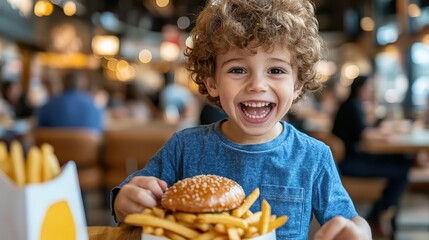 An excited child with curly hair and a blue t-shirt laughs joyfully while holding a hamburger and sitting in a busy fast food restaurant, with fries in the foreground.