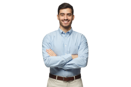Modern businessman in casual blue shirt standing with crossed arms