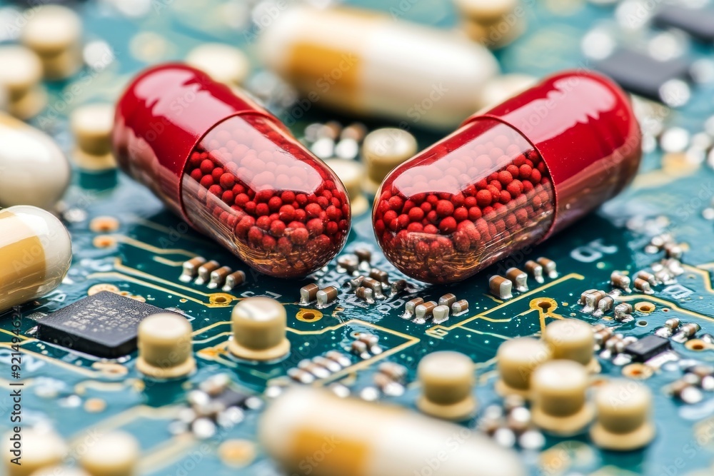 Poster pharmaceutical capsules on a dynamic tech background representing speed and efficiency in drug deliv