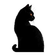 Black Cat Silhouette With Glowing Orange Eyes And Curled Tail, Isolated On Transparent Png Background, Ideal For Halloween-Themed Designs . Generative ai