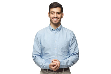 Handsome businessman standing and showing positive smile to camera