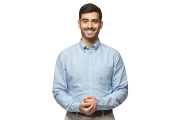 Handsome businessman standing and showing positive smile to camera
