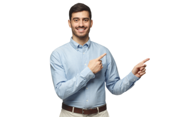 Smiling businessman pointing right with two hands and looking at camera