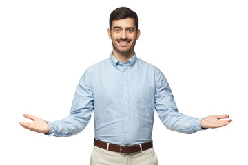 Friendly businessman with welcoming gesture