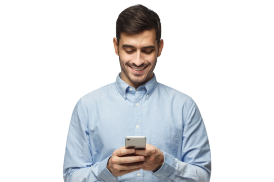 Young smiling business man in blue shirt reading sms, using smartphone, isolated on white background