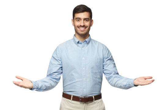 Friendly businessman with welcoming gesture - Powered by Adobe