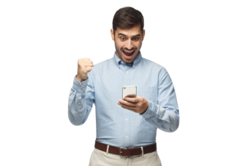 Portrait of excited young businessman looking at phone. Winner concept