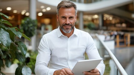 A confident man with a tablet smiling while sitting in a bright, open, and modern office environment, portraying professionalism, approachability, and a positive work attitude.