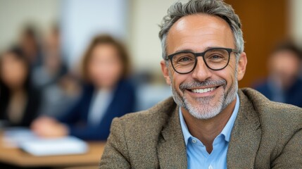 A professional man with glasses is smiling while participating in a business meeting, showcasing his engagement and the collaborative nature of a dynamic corporate environment.