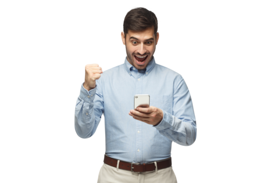 Portrait of excited young businessman looking at phone. Winner concept
