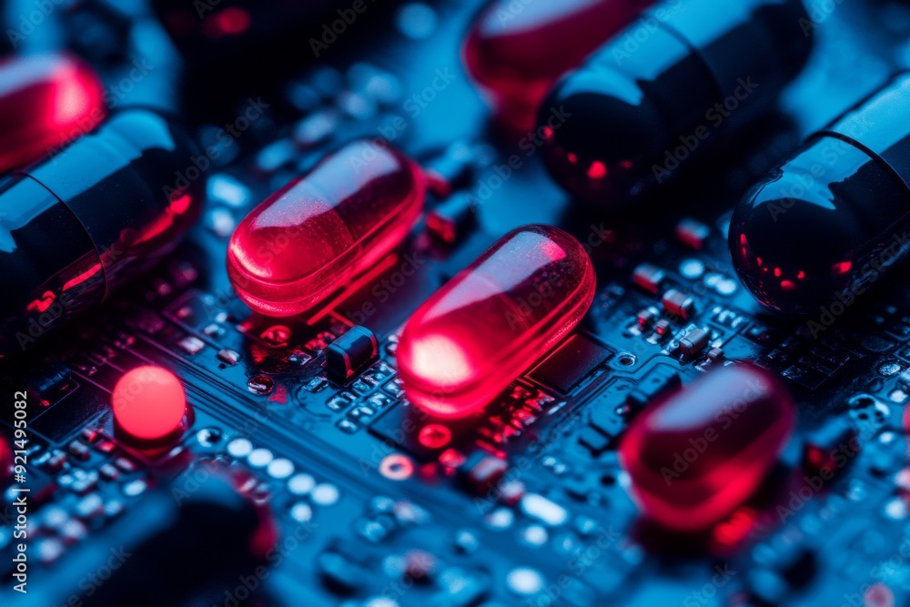 Aufkleber high resolution image of glowing red pills on a circuit board symbolizing advanced medical technolog