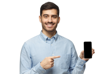 Handsome man in blue shirt presenting phone and pointing with finger at blank black screen with copy space for ads