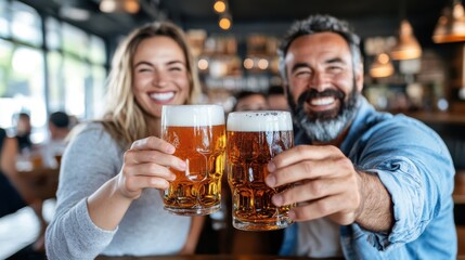 Three friends enjoy a cheerful moment, toasting with frothy mugs of beer in a warmly lit, inviting environment, embodying friendship and the joy of shared experiences.