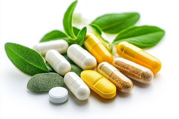 Organic supplements and green leaves on white background promoting natural health remedies