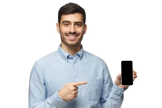 Handsome man in blue shirt presenting phone and pointing with finger at blank black screen with copy space for ads