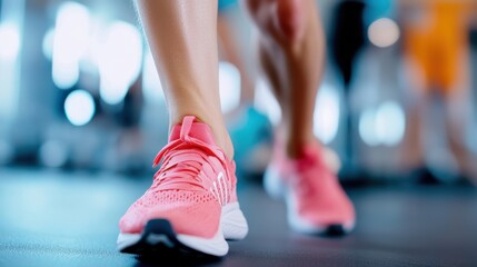 A close-up shot of a person wearing pink sneakers with white soles and laces on a gym floor. The vibrant pink color stands out in the gym setting with blurred background.