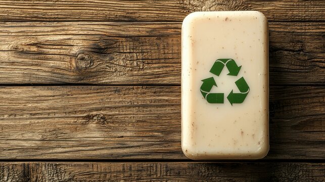Top view of a soap bar featuring a prominent recycling symbol, placed on a weathered wooden table. The soap bar is the focal point, with a clean and spacious background for text or additional graphics