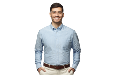 Smart businessman smiling at camera, wearing trendy transparent glasses