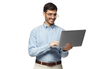 Portrait of businessman standing, holding laptop and watching media with happy smile, sharing web content